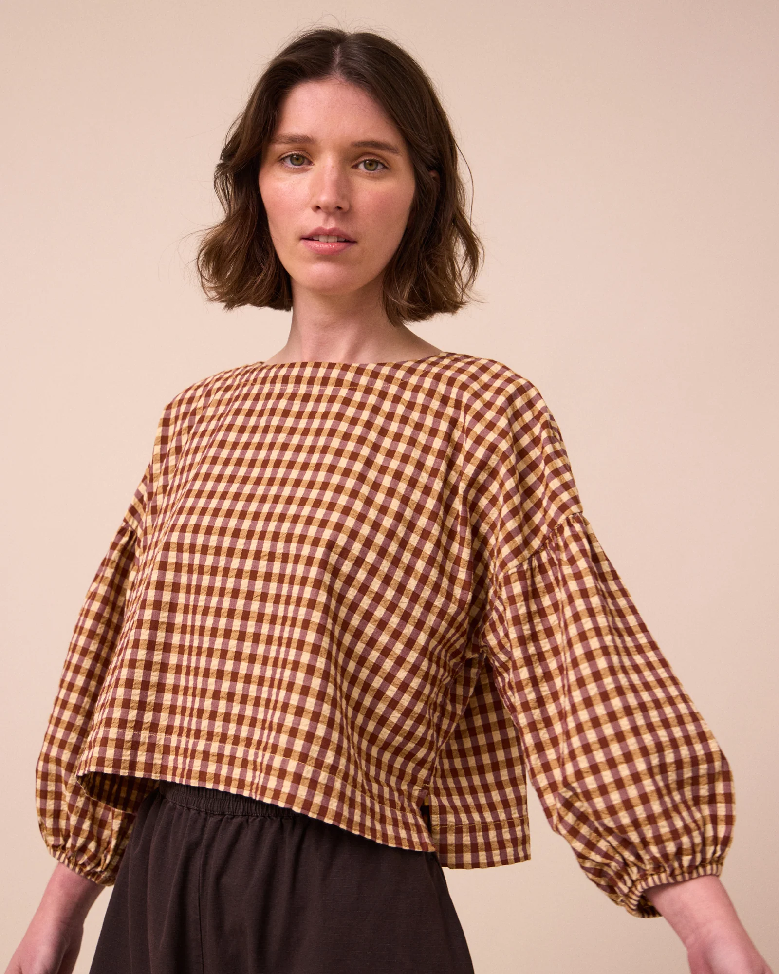 Aisha Tan Gingham Seersucker Top - Image 3