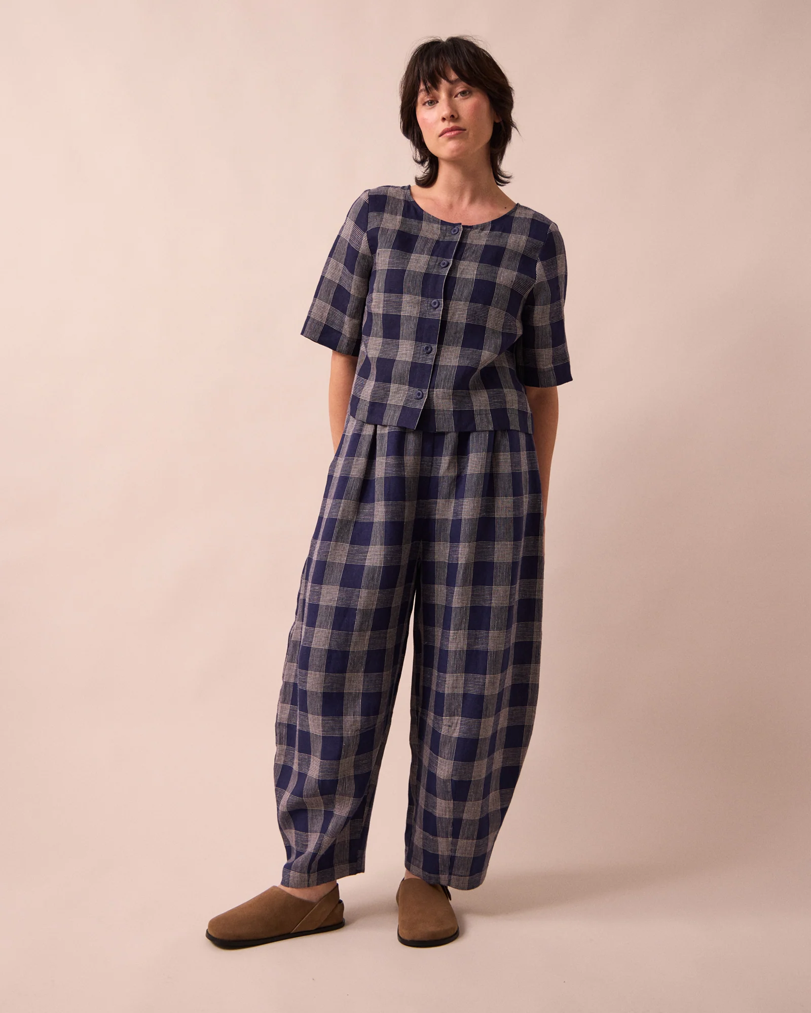 Daisy Navy Plaid Linen Trousers