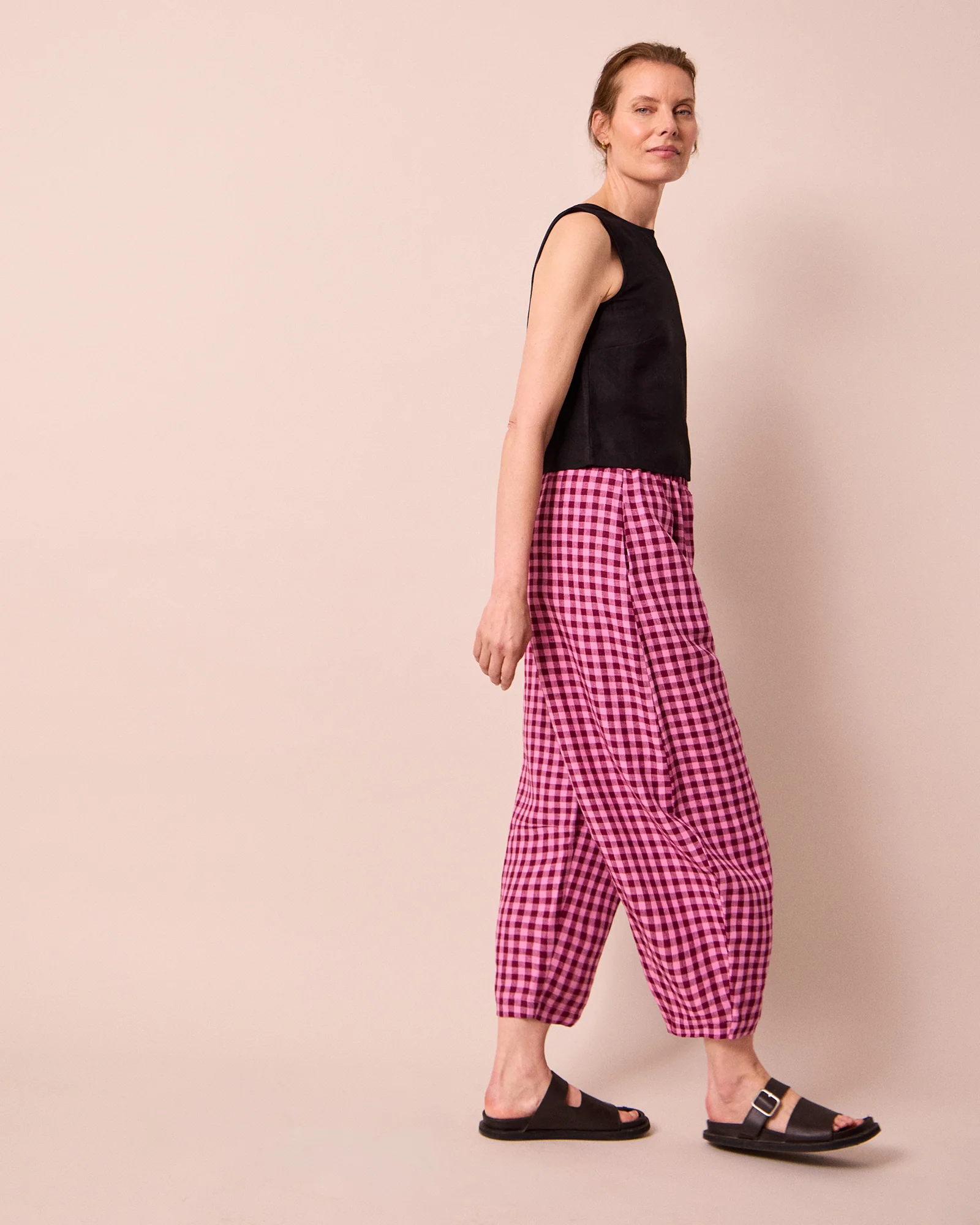 Daisy Summer Berry Gingham Linen Trousers - Image 3