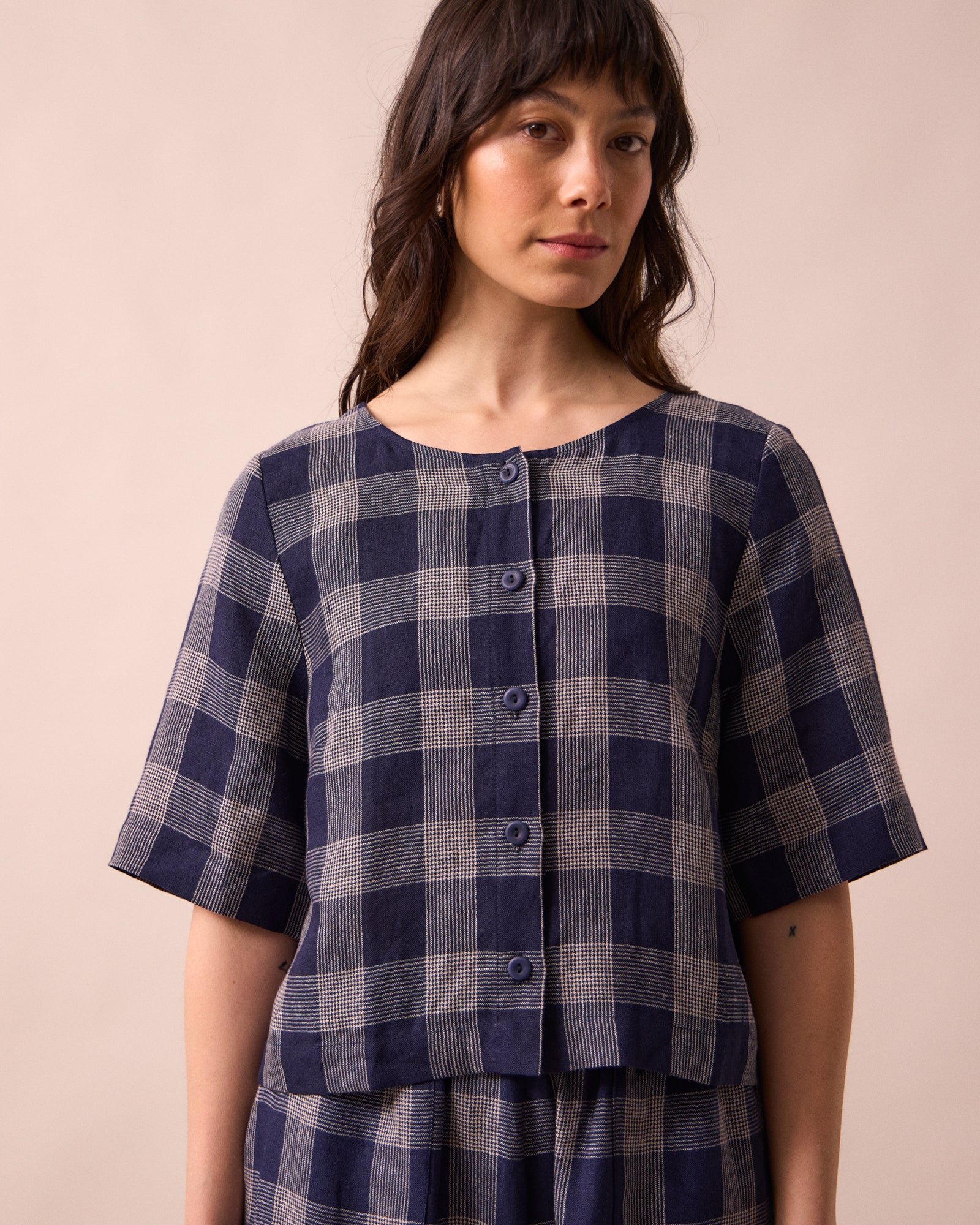 Evelyn Navy Plaid Linen Top
