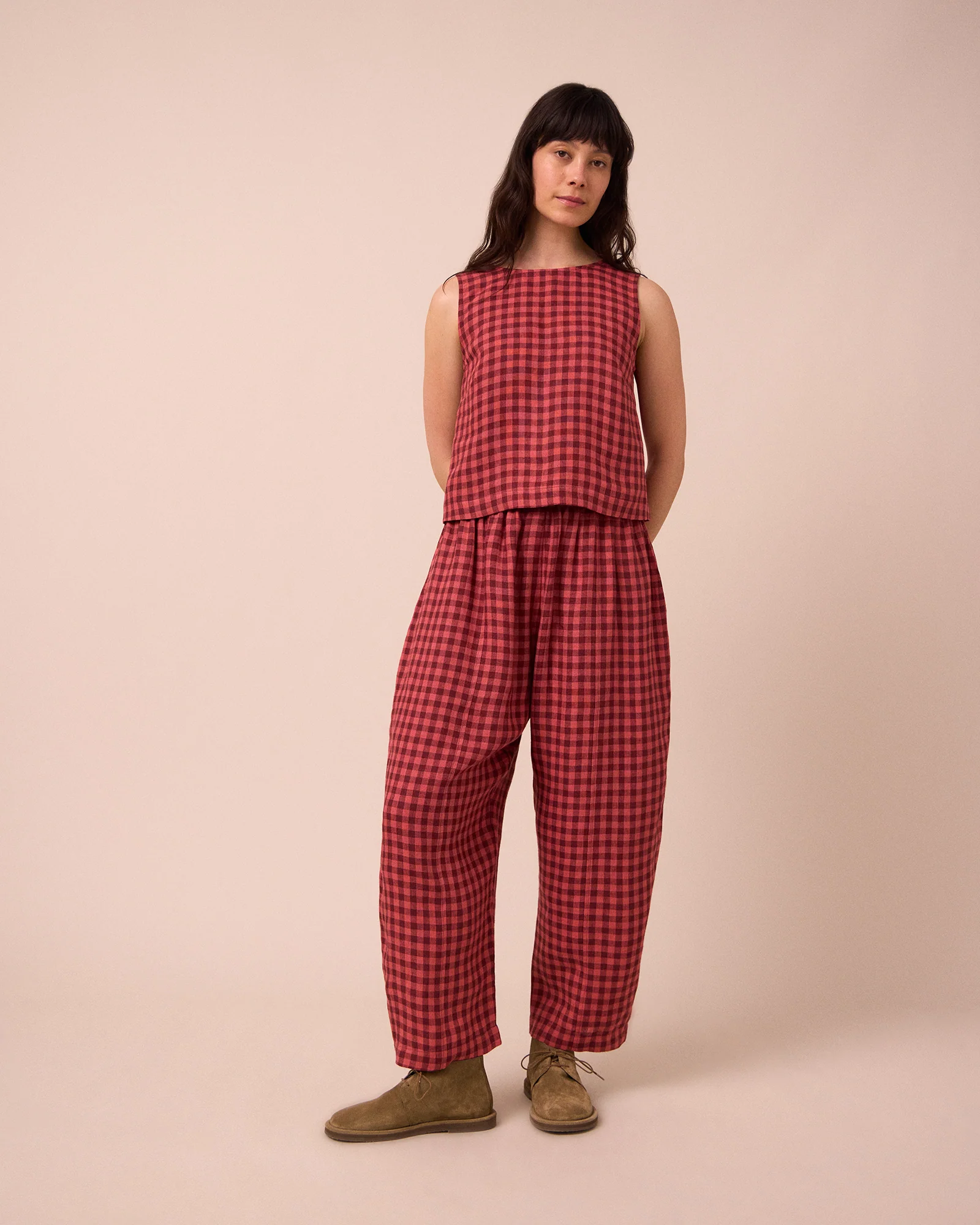 Mabel Deep Rose Gingham Linen Trousers