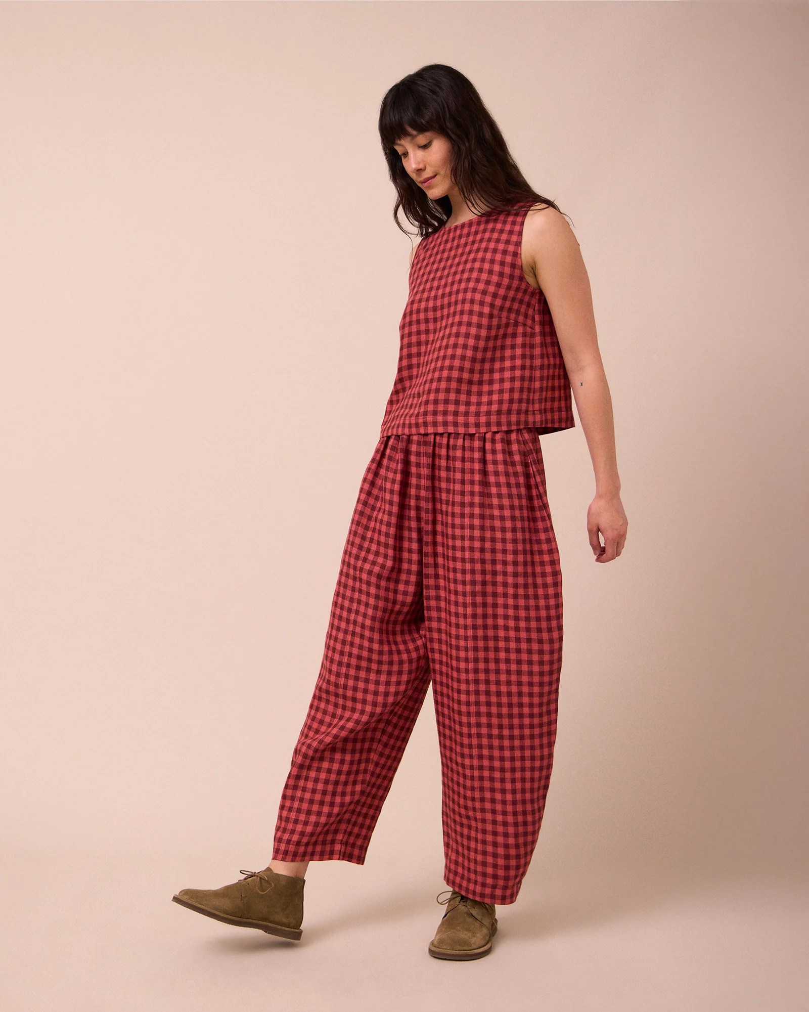 Mabel Deep Rose Gingham Linen Trousers - Image 2